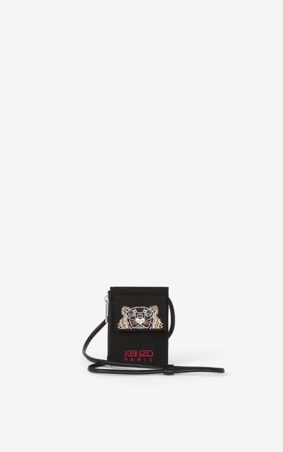 Kenzo Women Canvas Kampus Tiger Card Holder With Long Strap Black